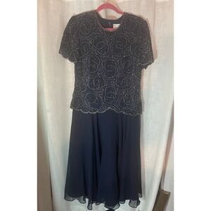 Papell Boutique Dress Embellished Beaded Silk Navy Blue Dress Size P14 Sparkly